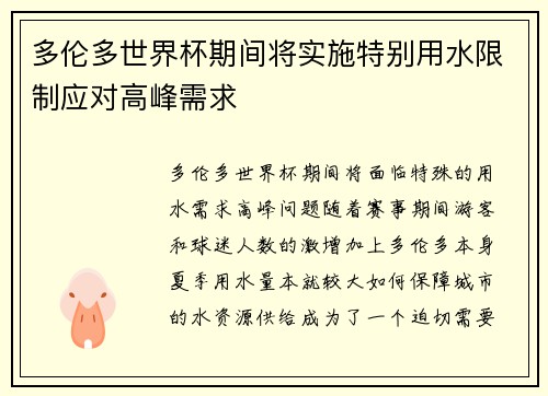 多伦多世界杯期间将实施特别用水限制应对高峰需求