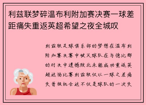 利兹联梦碎温布利附加赛决赛一球差距痛失重返英超希望之夜全城叹 利兹联梦碎温布利附加赛决赛一球差距痛失重返英超希望之夜全城叹